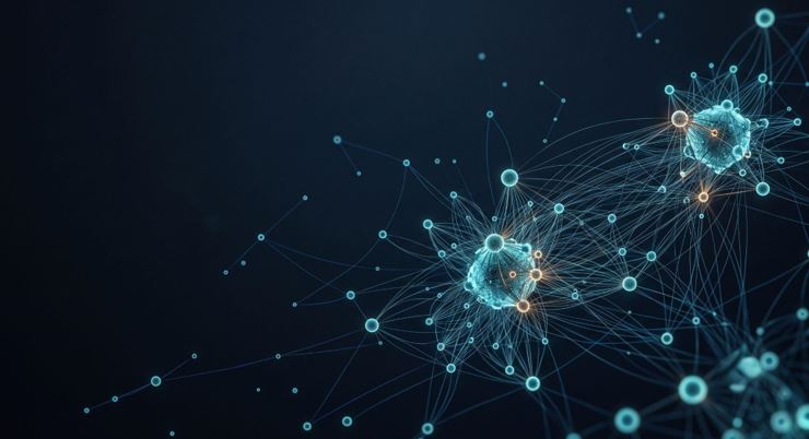 Abstract network of interconnected trading venues representing fragmented crypto market liquidity