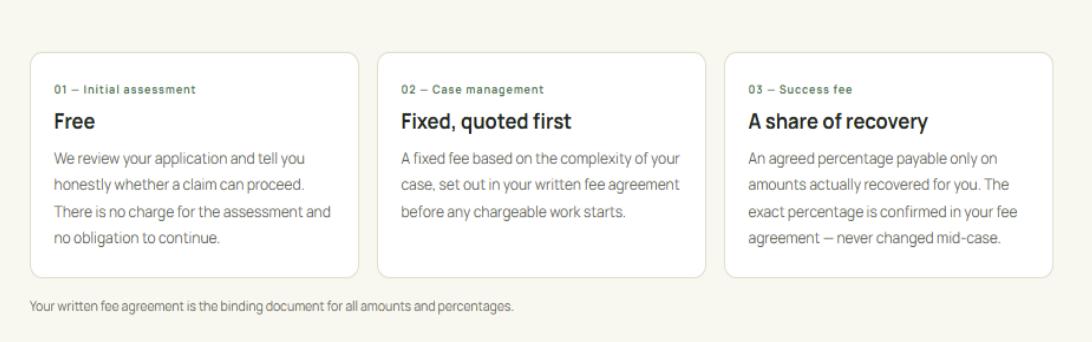 The Fund Relief Group fees page setting out the free assessment, fixed fee and success fee
